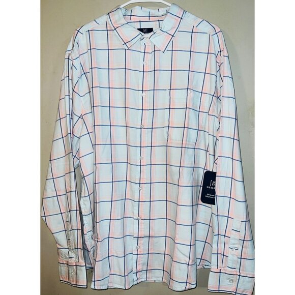 George Other - George Men's Long Sleeve Button-Up Shirt 2XL White With Pink & Blue Plaid Patter